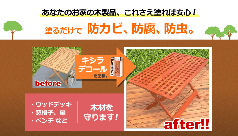 あなたのお家の木製品、これさえ塗れば安心！塗るだけで防カビ、防腐、防虫。